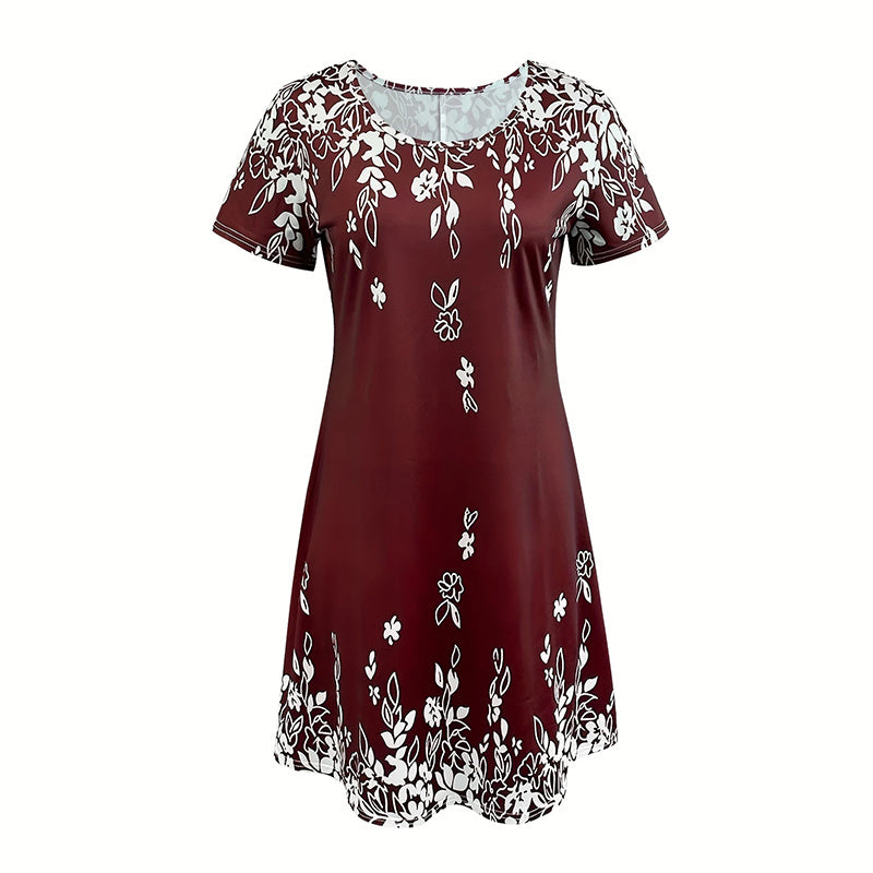Women's Summer Boho Dress Vintage Floral Print Short Sleeve T-Shirt Sundress Beach Casual Dress