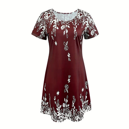 Women's Summer Boho Dress Vintage Floral Print Short Sleeve T-Shirt Sundress Beach Casual Dress