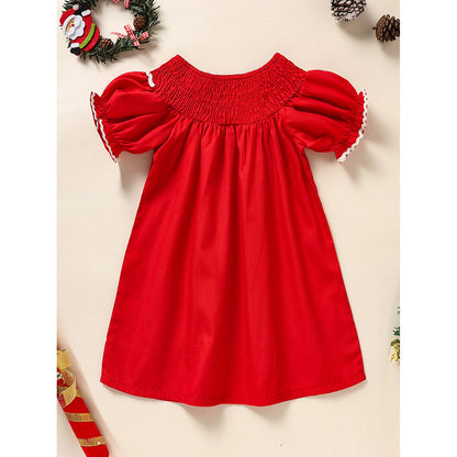 Toddler Infant Girl Christmas Dress Smocked Christmas Tree Embroidery Short Sleeve Princess Party Dress