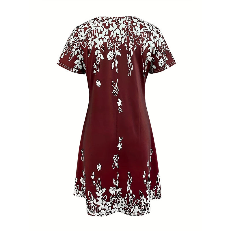 Women's Summer Boho Dress Vintage Floral Print Short Sleeve T-Shirt Sundress Beach Casual Dress