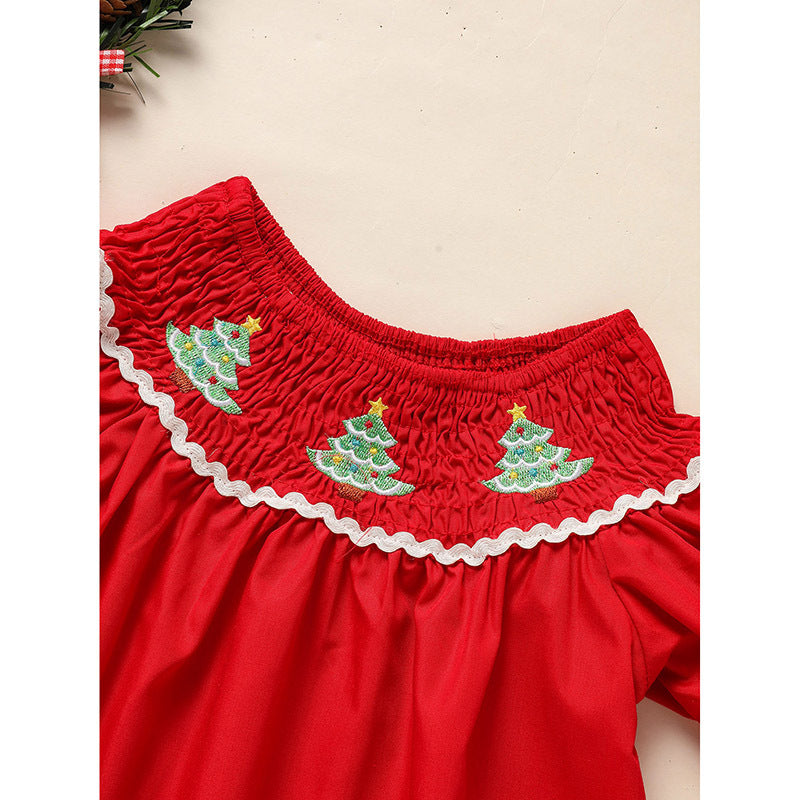 Toddler Infant Girl Christmas Dress Smocked Christmas Tree Embroidery Short Sleeve Princess Party Dress